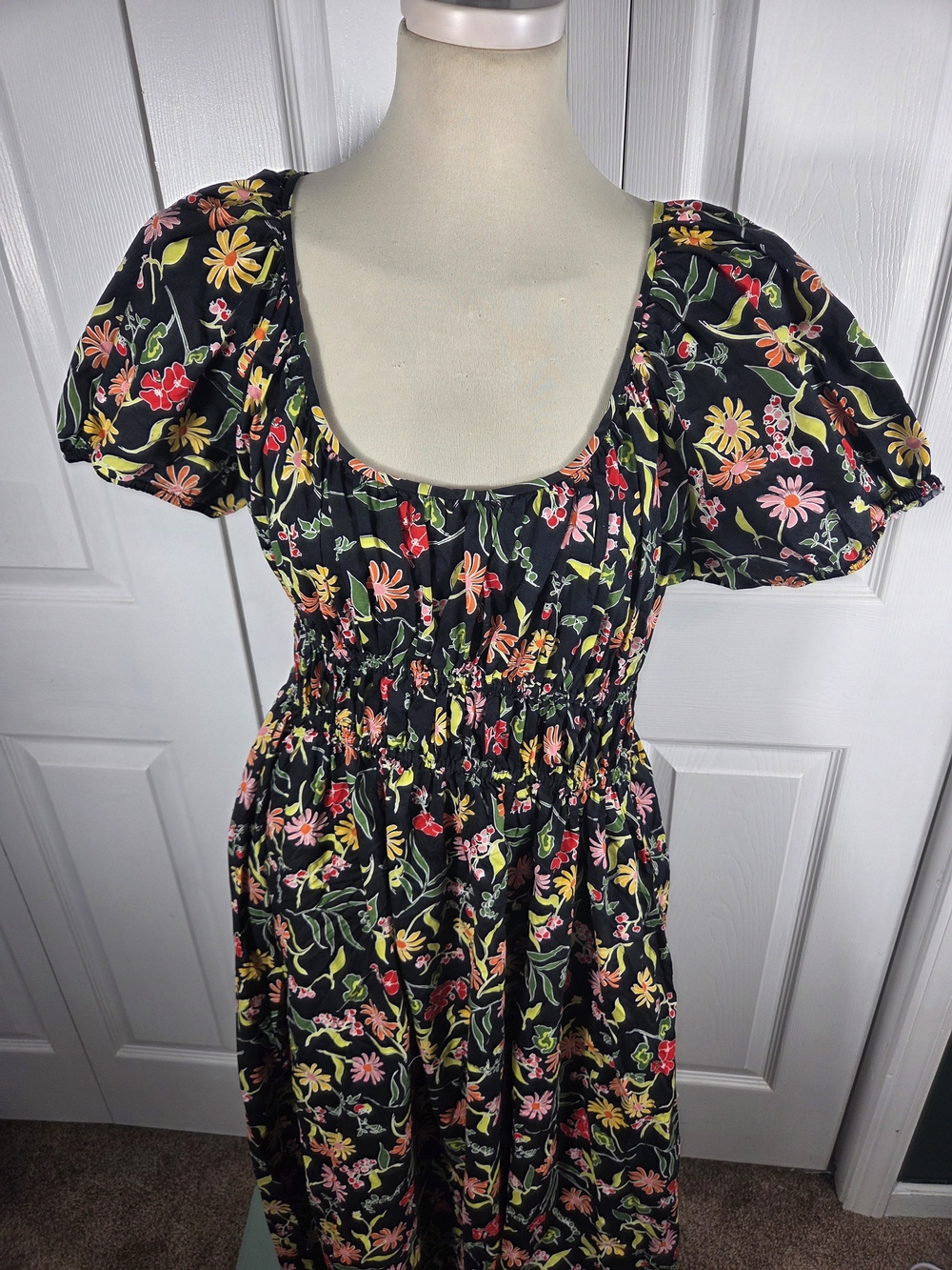 Floral Scoop Neck Black Midi Dress - Black Floral